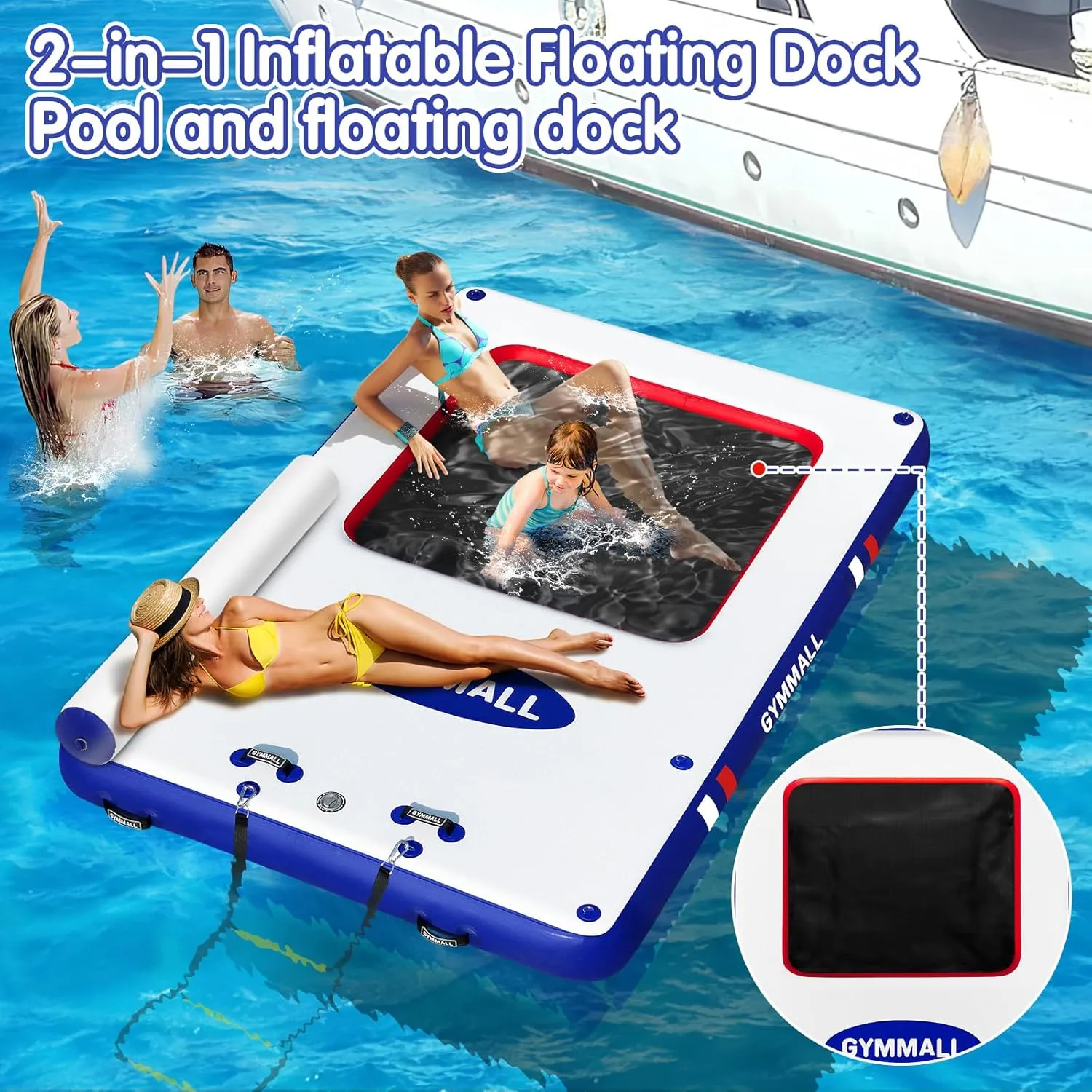 Inflatable Floating Dock, Inflatable Dock Floating Platform with Mesh, Non-Slip EVA Platform and Rope Ladder, Inflatable Water Floating Dock Island Raft for Boats, Pool, Lake, Beach, Ocean