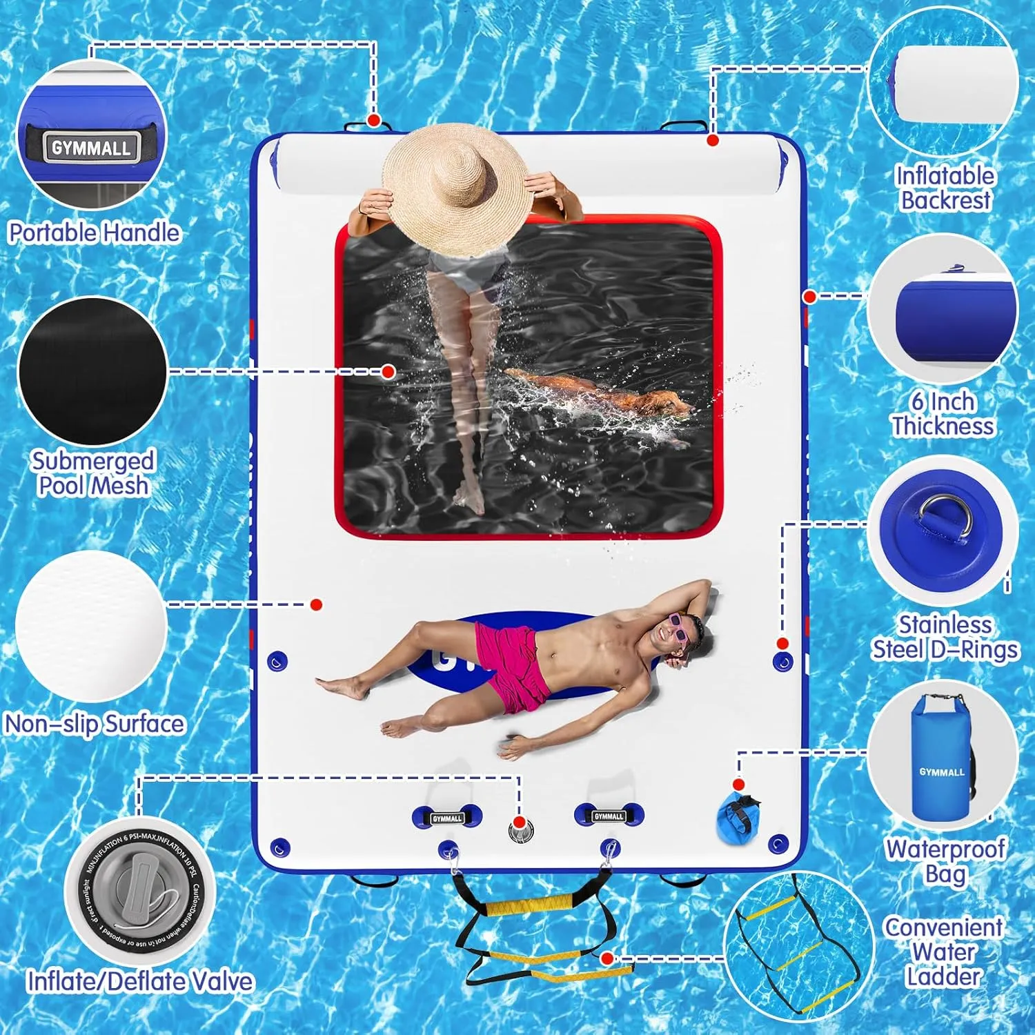 Inflatable Floating Dock, Inflatable Dock Floating Platform with Mesh, Non-Slip EVA Platform and Rope Ladder, Inflatable Water Floating Dock Island Raft for Boats, Pool, Lake, Beach, Ocean