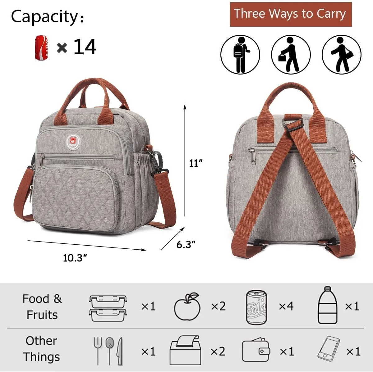 Insulated Lunch Bag Rucksack for Women/Men, 3 carrying way Lunch Tote, Large Waterproof Cooler Box with Side pockets for Adults, Work, Beach, Picnic, Grey