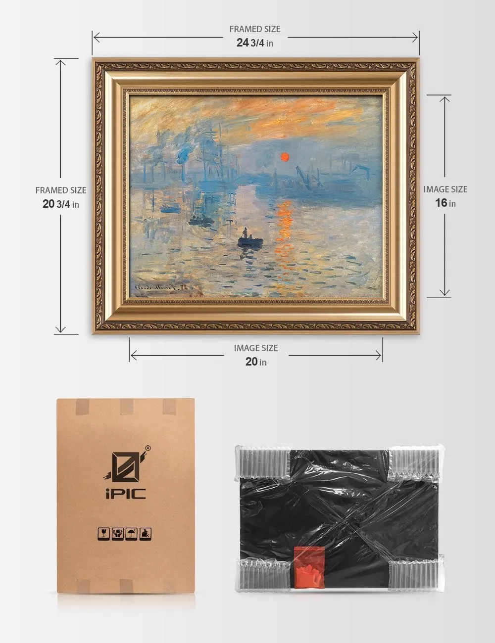 IPIC - Impression, Sunrise by Claude Monet, Giclee Prints Match with Classical Gold Frame, Monet Wall Art for Home Decor, Total Size w/Frame: 26" W x22 H