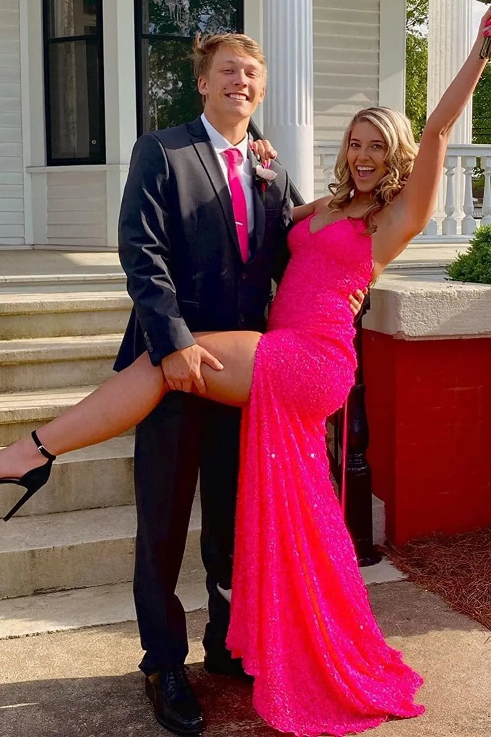 ISABUFEI Prom Dress Long Formal Evening Dresses Sequin V-Neck Wedding Guest Dresses Slit Prom Dressses