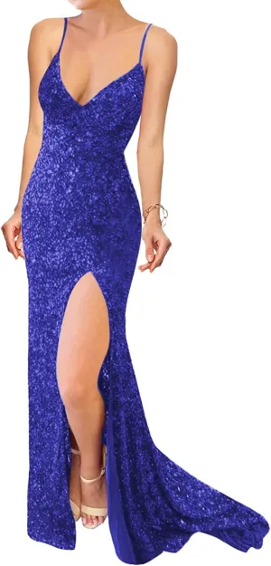 ISABUFEI Prom Dress Long Formal Evening Dresses Sequin V-Neck Wedding Guest Dresses Slit Prom Dressses