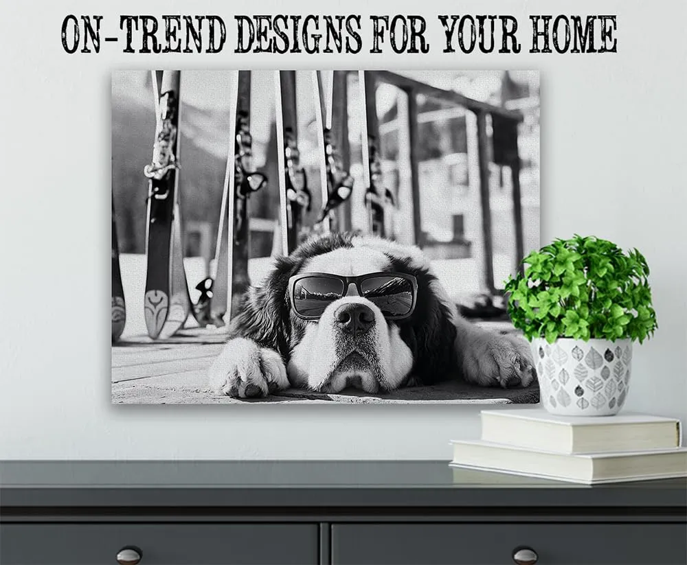 It Was a Long Run St. Bernard with Sunglasses Wall Art Ski Photo 16x20 Stretched Canvas Poster – Black & White Dog Ski Resort Print, Winter Sports Skiing Photography, Alpine Vacation Lodge Pet Décor