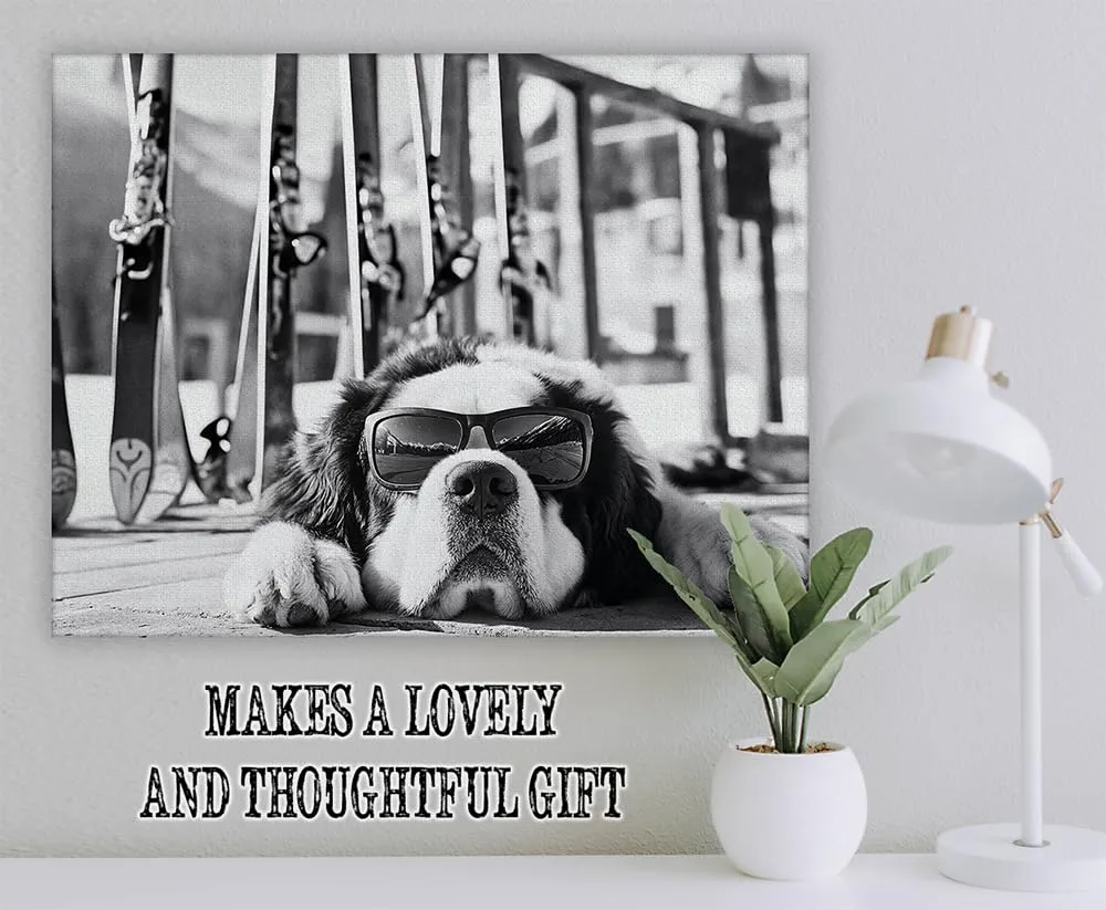 It Was a Long Run St. Bernard with Sunglasses Wall Art Ski Photo 16x20 Stretched Canvas Poster – Black & White Dog Ski Resort Print, Winter Sports Skiing Photography, Alpine Vacation Lodge Pet Décor