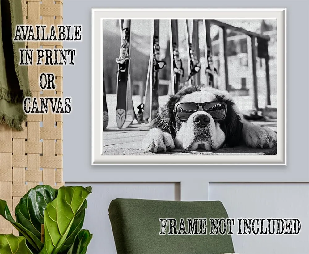 It Was a Long Run St. Bernard with Sunglasses Wall Art Ski Photo 16x20 Stretched Canvas Poster – Black & White Dog Ski Resort Print, Winter Sports Skiing Photography, Alpine Vacation Lodge Pet Décor