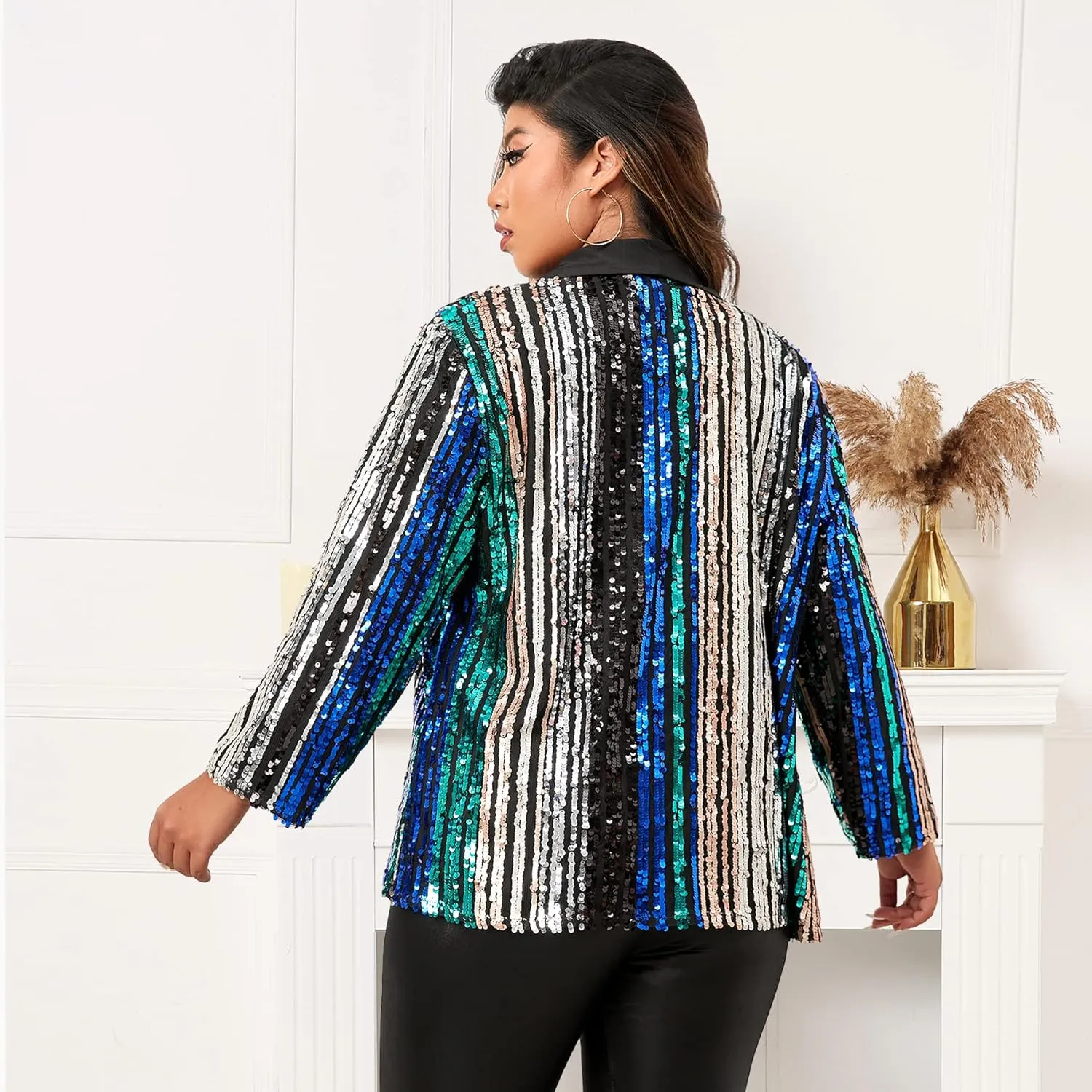 IWFEV Plus Size Sequin Blazer Three-Quarter Sleeve Jacket Color Block Coat Shawl Collar Women's Casual Top