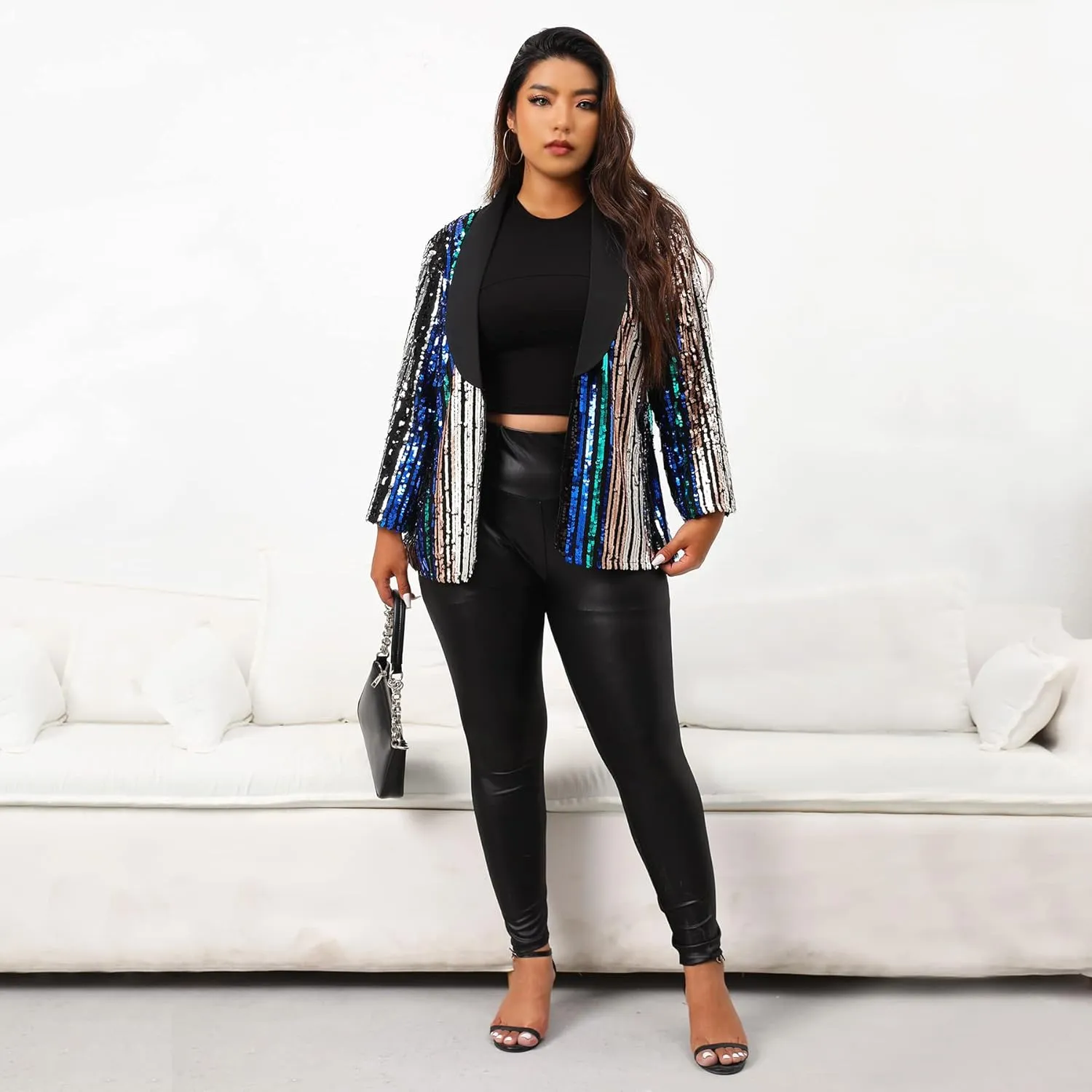 IWFEV Plus Size Sequin Blazer Three-Quarter Sleeve Jacket Color Block Coat Shawl Collar Women's Casual Top