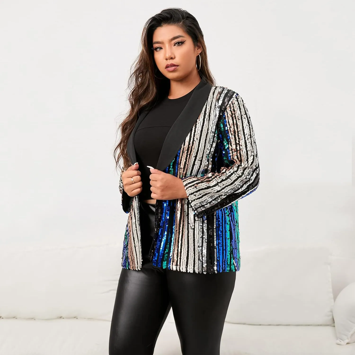 IWFEV Plus Size Sequin Blazer Three-Quarter Sleeve Jacket Color Block Coat Shawl Collar Women's Casual Top