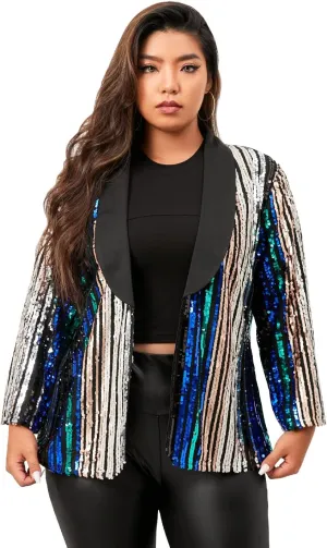 IWFEV Plus Size Sequin Blazer Three-Quarter Sleeve Jacket Color Block Coat Shawl Collar Women's Casual Top