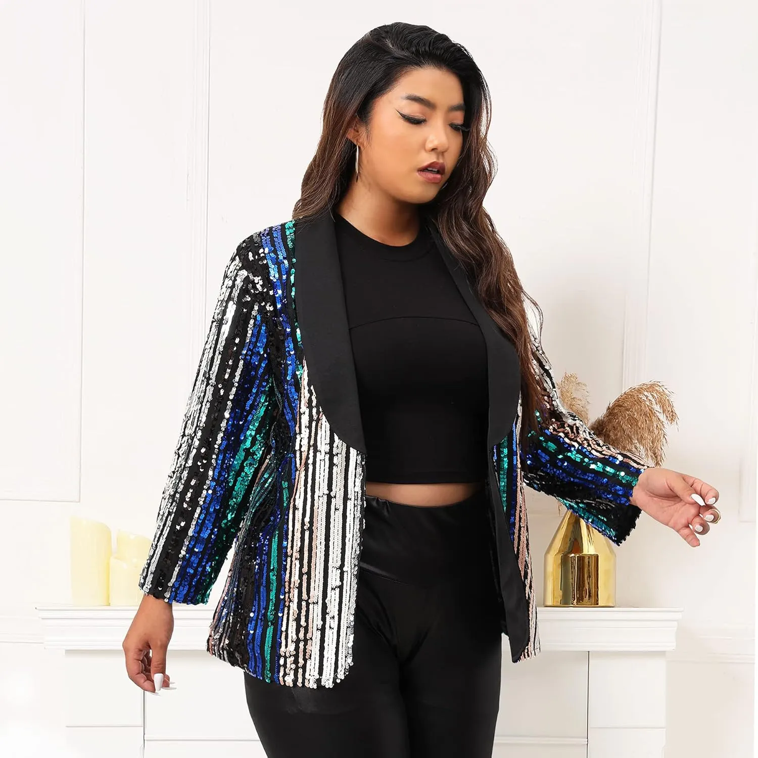 IWFEV Plus Size Sequin Blazer Three-Quarter Sleeve Jacket Color Block Coat Shawl Collar Women's Casual Top