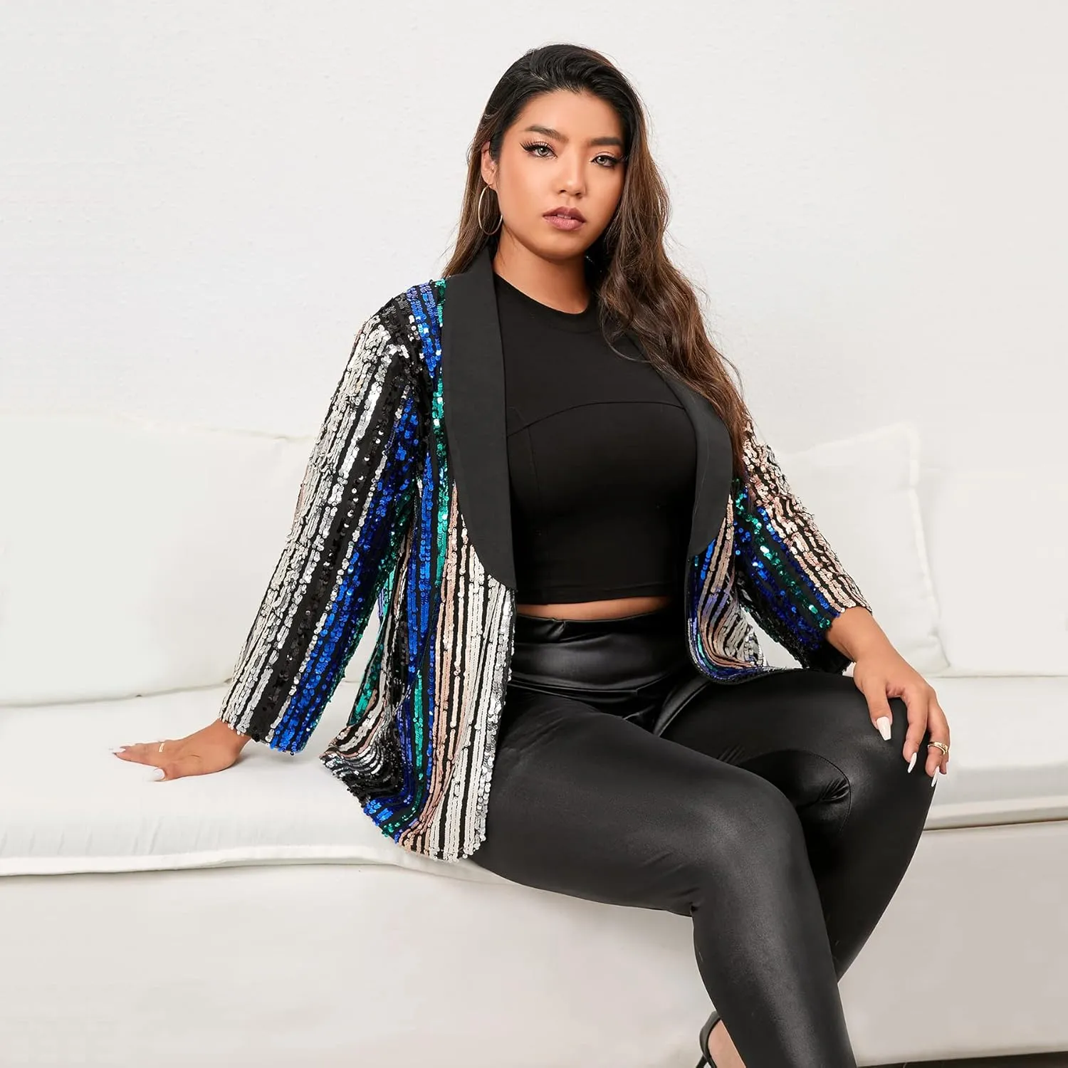 IWFEV Plus Size Sequin Blazer Three-Quarter Sleeve Jacket Color Block Coat Shawl Collar Women's Casual Top