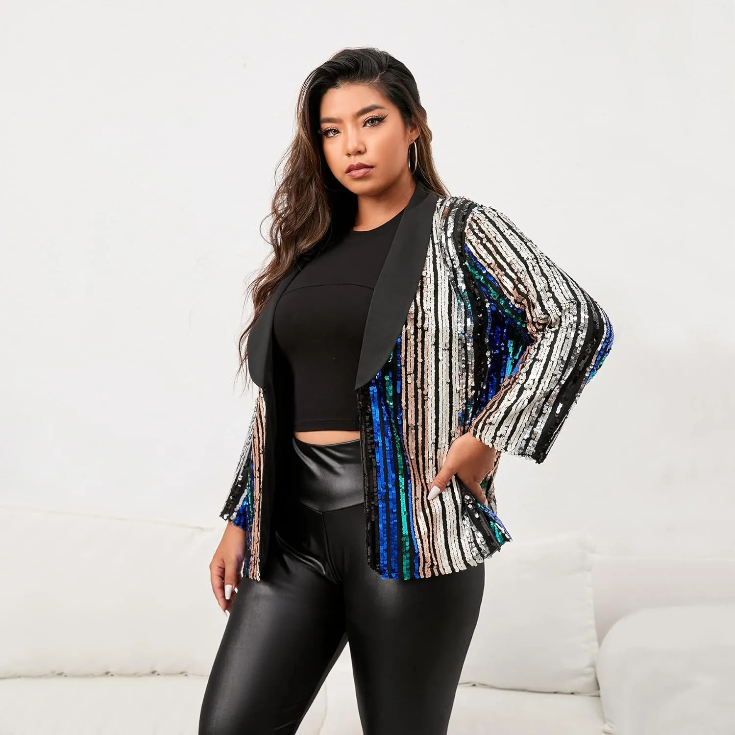 IWFEV Plus Size Sequin Blazer Three-Quarter Sleeve Jacket Color Block Coat Shawl Collar Women's Casual Top