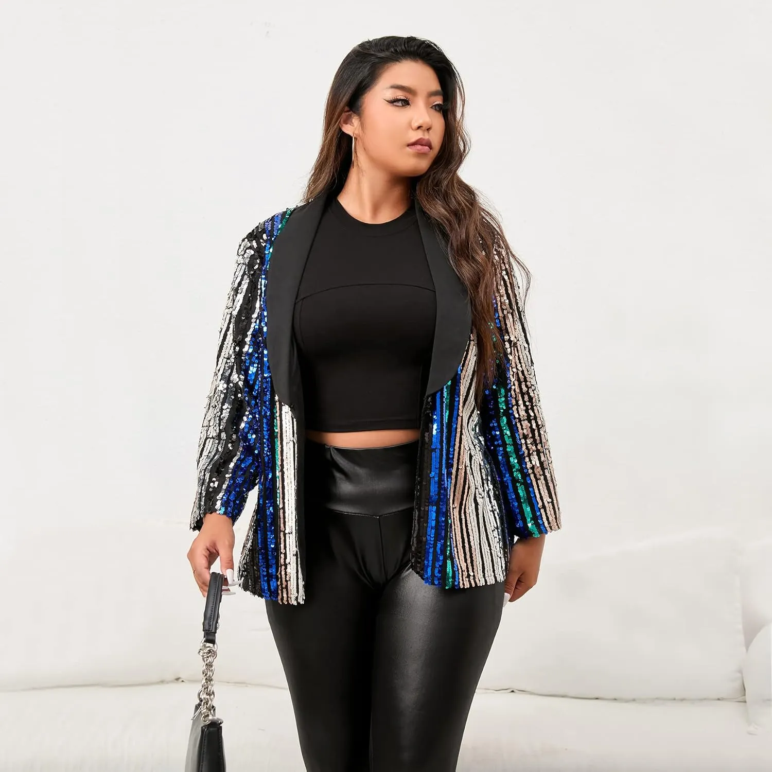 IWFEV Plus Size Sequin Blazer Three-Quarter Sleeve Jacket Color Block Coat Shawl Collar Women's Casual Top