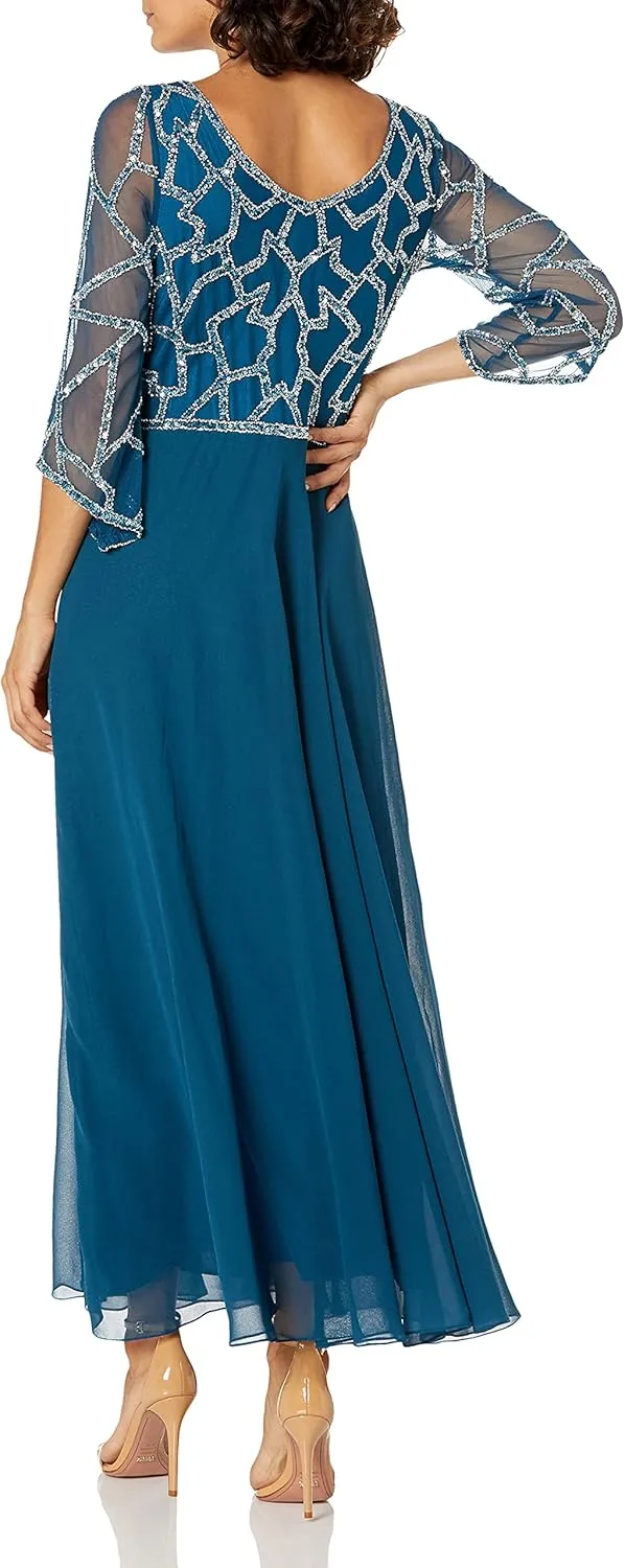 J Kara Women's Petite 3/4 Sleeve Geo Beaded Gown