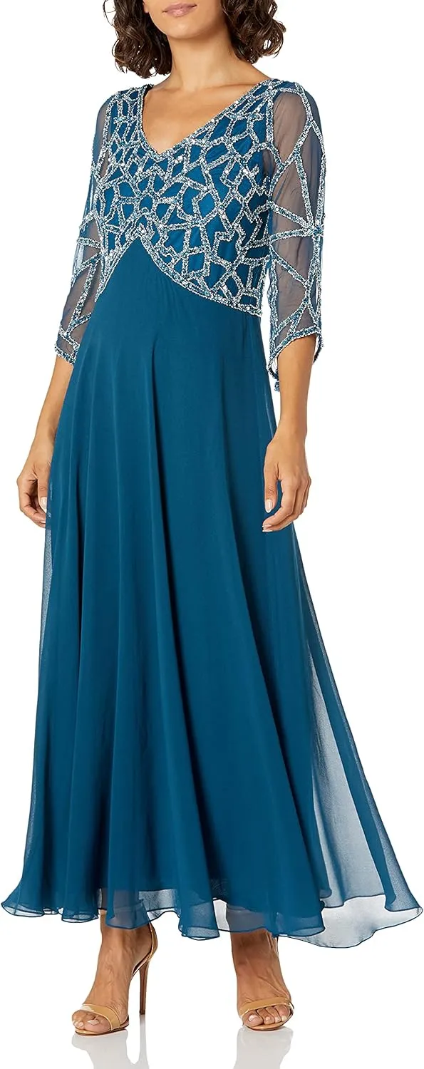 J Kara Women's Petite 3/4 Sleeve Geo Beaded Gown