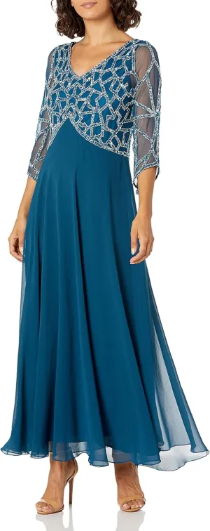 J Kara Women's Petite 3/4 Sleeve Geo Beaded Gown