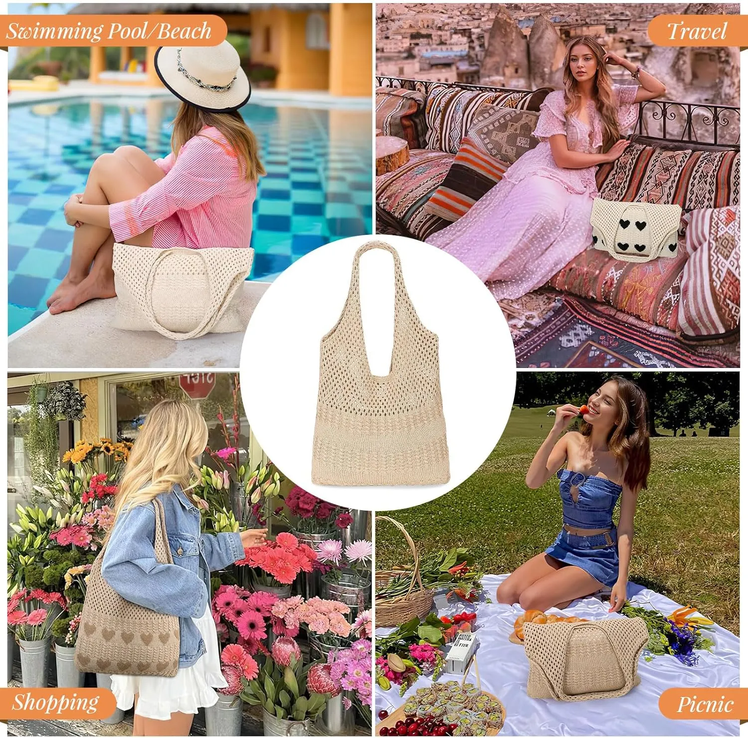 JASGOOD Crochet Beach Bags for Women Knit Summer Vacation Tote Bag Aesthetic Tote Boho Shoulder Handbag