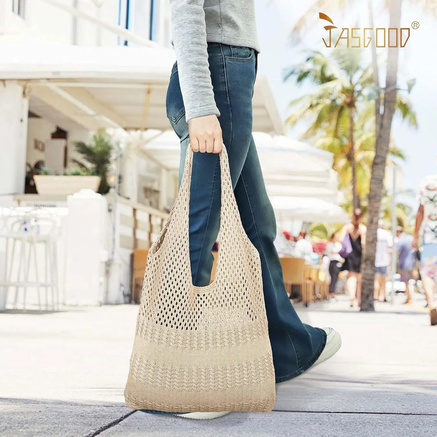 JASGOOD Crochet Beach Bags for Women Knit Summer Vacation Tote Bag Aesthetic Tote Boho Shoulder Handbag