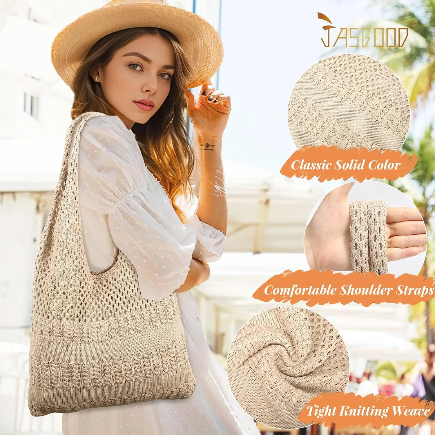 JASGOOD Crochet Beach Bags for Women Knit Summer Vacation Tote Bag Aesthetic Tote Boho Shoulder Handbag