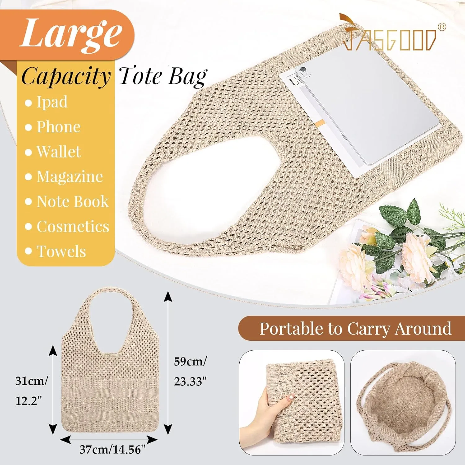 JASGOOD Crochet Beach Bags for Women Knit Summer Vacation Tote Bag Aesthetic Tote Boho Shoulder Handbag