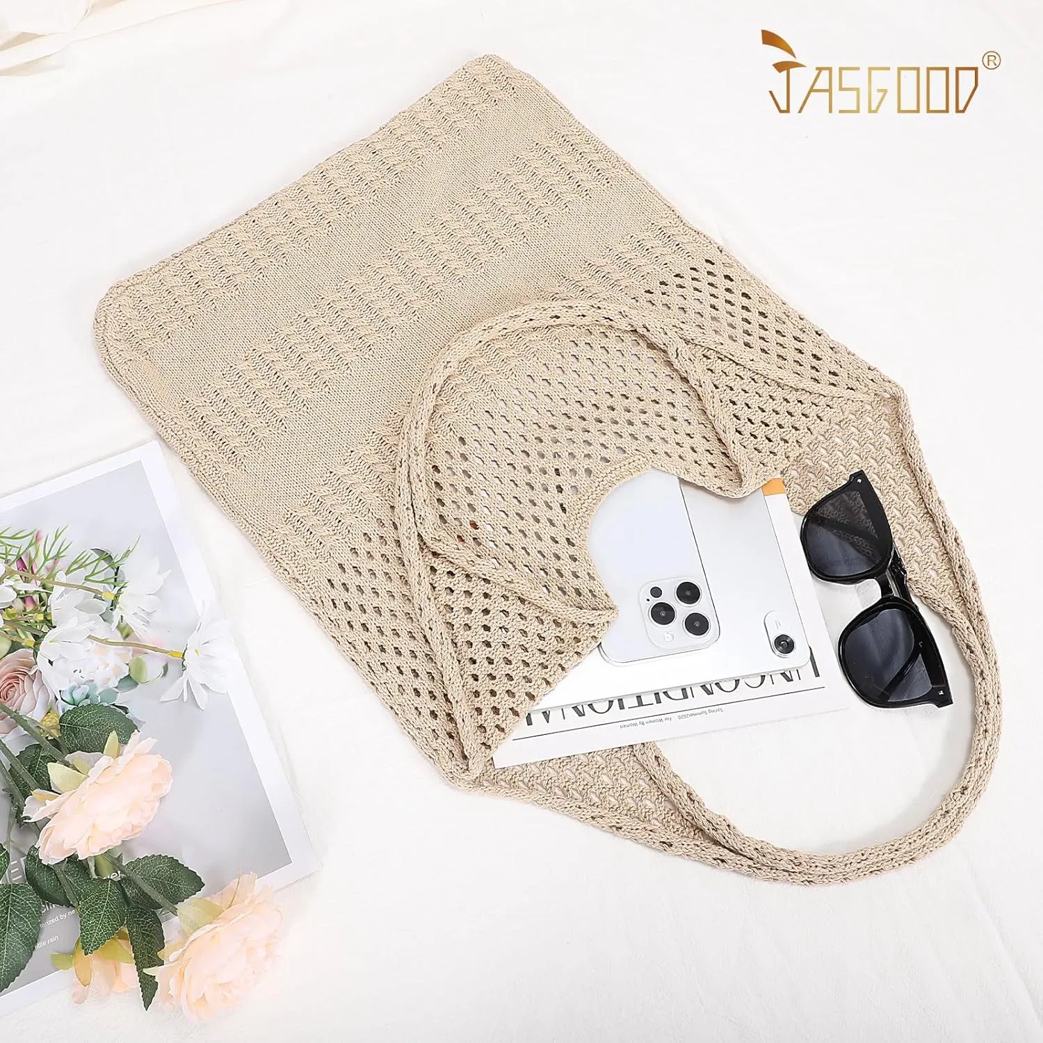JASGOOD Crochet Beach Bags for Women Knit Summer Vacation Tote Bag Aesthetic Tote Boho Shoulder Handbag