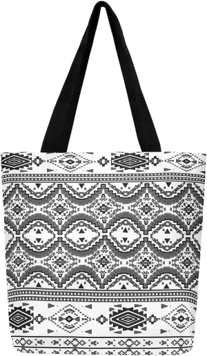jejeloiu Southwestern Large Capacity Shoulder Handbags 16"x20" Geometric Canvas Tote Bags Tribal Exotic Travel Bag