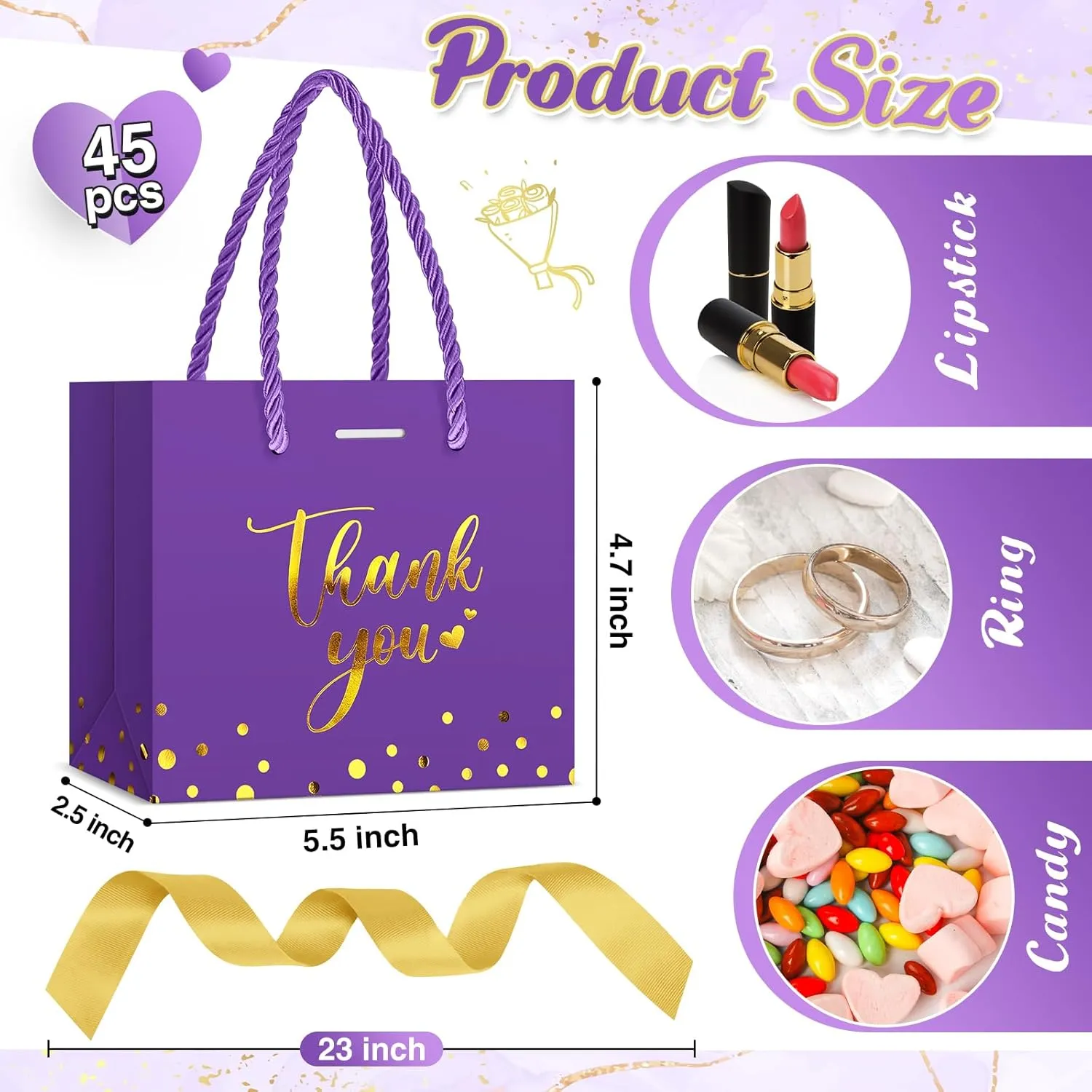 Jetec 45 Pcs Mini Paper Gift Bag Bulk 5.5 x 4.7 x 2.5'' Small Thank You Favor Bag with Handle Bow Ribbon for Valentine‘s Day Wedding Baby Bridal Shower Birthday Party(Purple/gold)