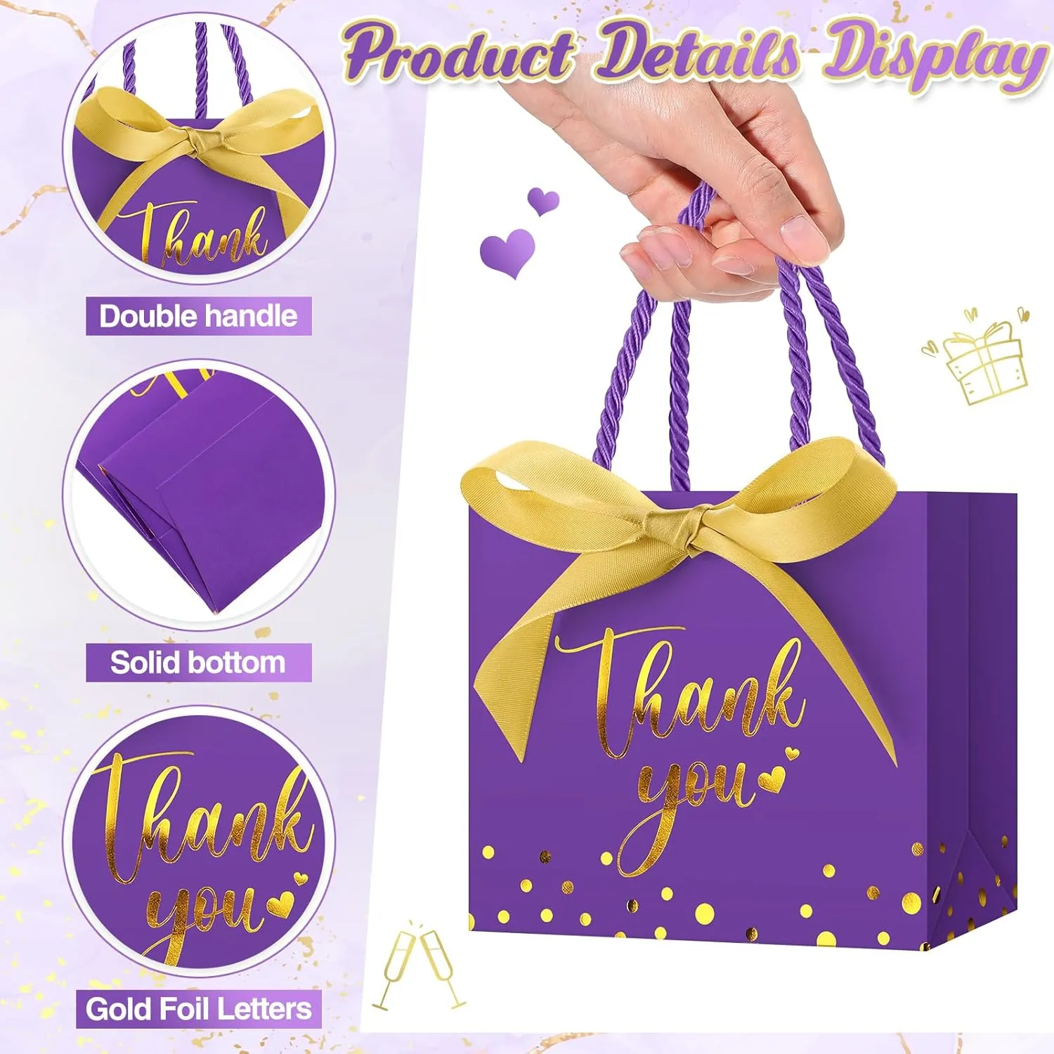 Jetec 45 Pcs Mini Paper Gift Bag Bulk 5.5 x 4.7 x 2.5'' Small Thank You Favor Bag with Handle Bow Ribbon for Valentine‘s Day Wedding Baby Bridal Shower Birthday Party(Purple/gold)