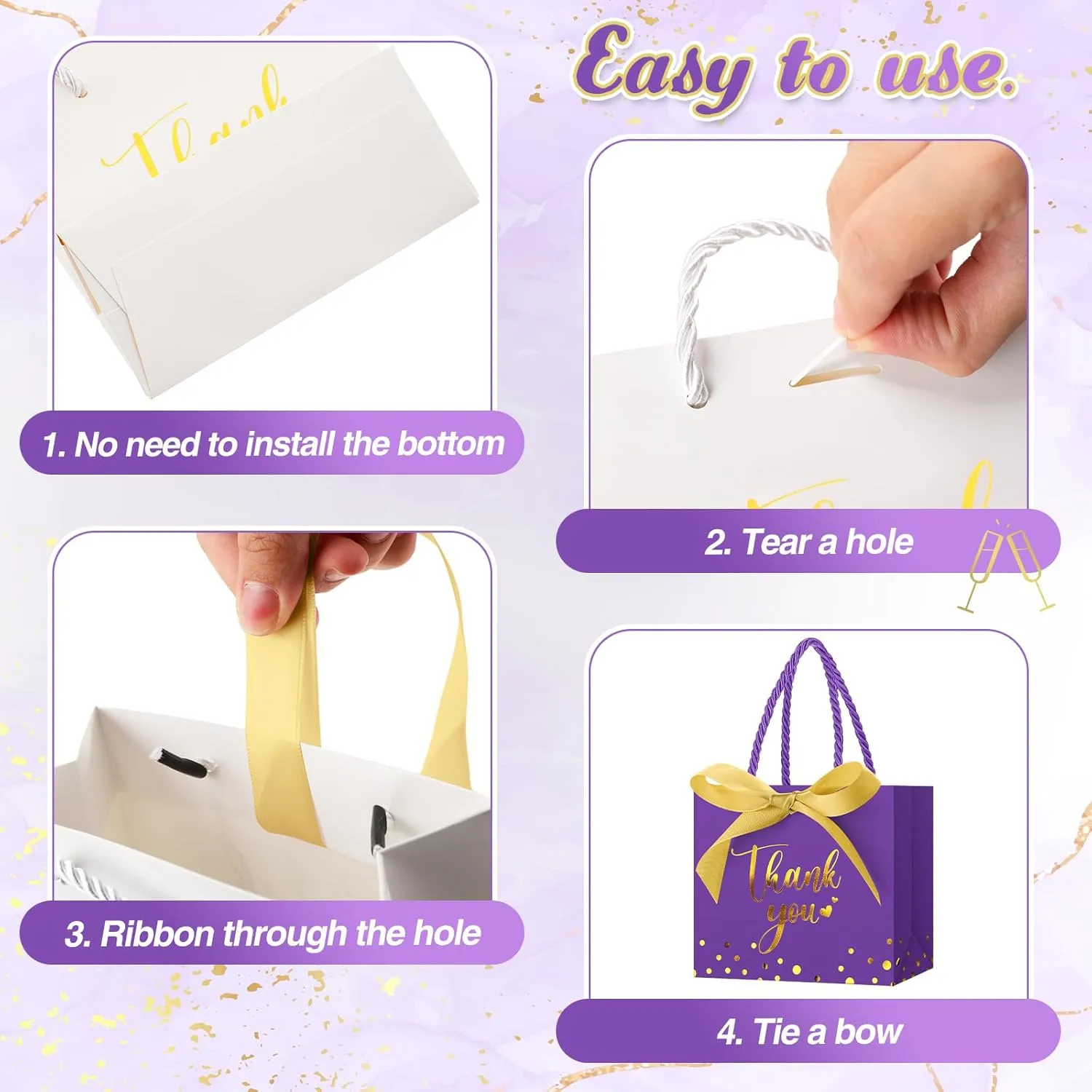 Jetec 45 Pcs Mini Paper Gift Bag Bulk 5.5 x 4.7 x 2.5'' Small Thank You Favor Bag with Handle Bow Ribbon for Valentine‘s Day Wedding Baby Bridal Shower Birthday Party(Purple/gold)