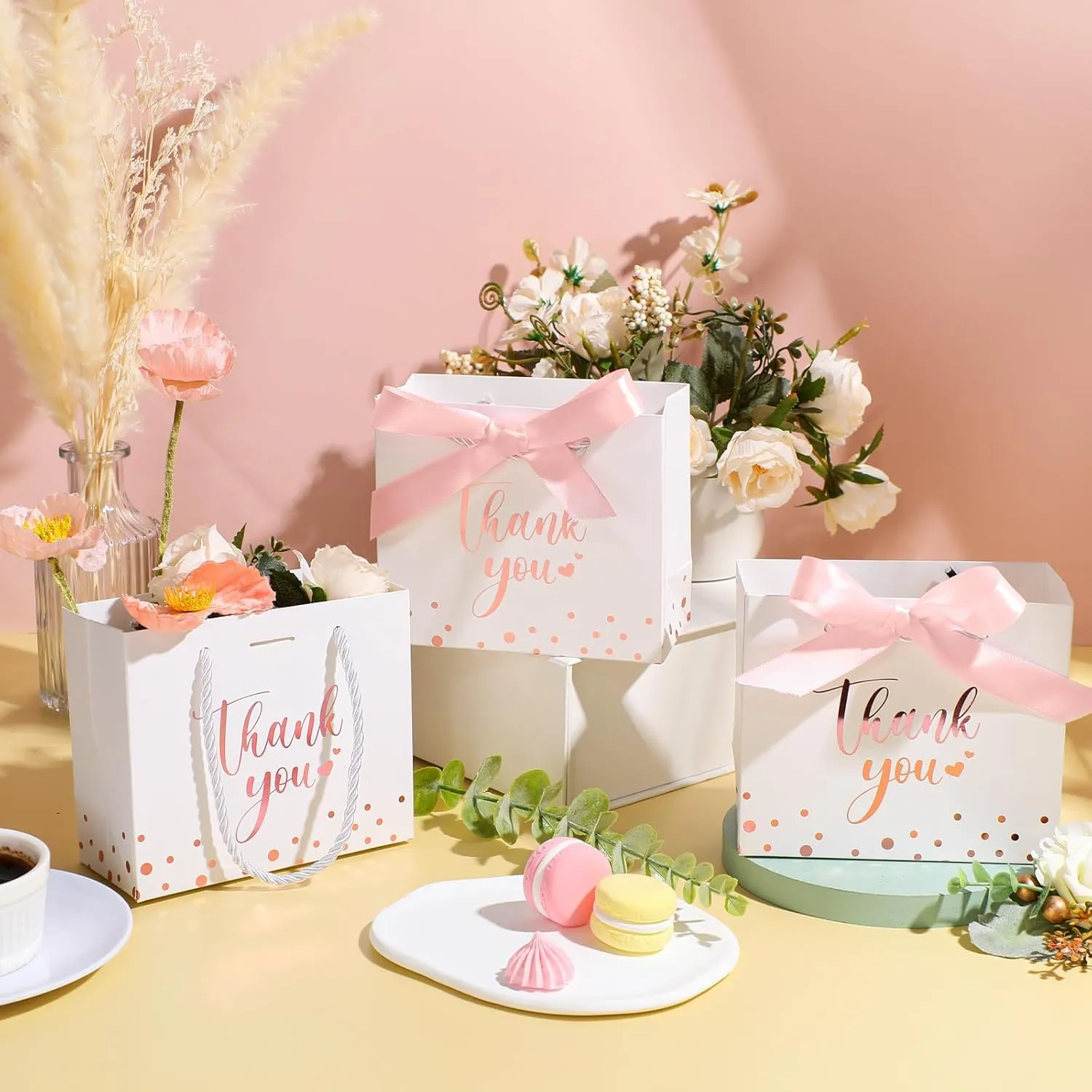 Jetec 45 Pcs Mini Paper Gift Bag Bulk 5.5 x 4.7 x 2.5'' Small Thank You Favor Bag with Handle Bow Ribbon for Valentine‘s Day Wedding Baby Bridal Shower Birthday Party(White/rose Gold)