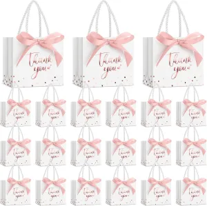 Jetec 45 Pcs Mini Paper Gift Bag Bulk 5.5 x 4.7 x 2.5'' Small Thank You Favor Bag with Handle Bow Ribbon for Valentine‘s Day Wedding Baby Bridal Shower Birthday Party(White/rose Gold)