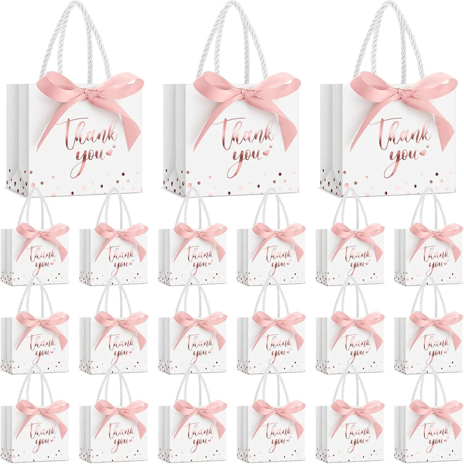 Jetec 45 Pcs Mini Paper Gift Bag Bulk 5.5 x 4.7 x 2.5'' Small Thank You Favor Bag with Handle Bow Ribbon for Valentine‘s Day Wedding Baby Bridal Shower Birthday Party(White/rose Gold)