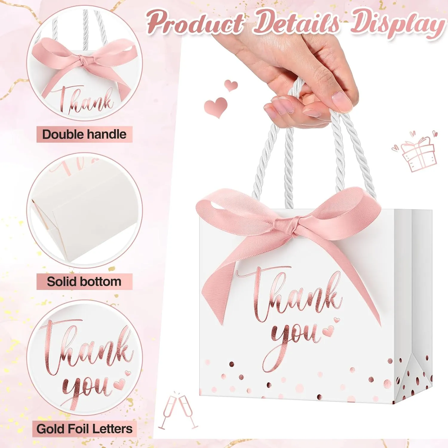 Jetec 45 Pcs Mini Paper Gift Bag Bulk 5.5 x 4.7 x 2.5'' Small Thank You Favor Bag with Handle Bow Ribbon for Valentine‘s Day Wedding Baby Bridal Shower Birthday Party(White/rose Gold)