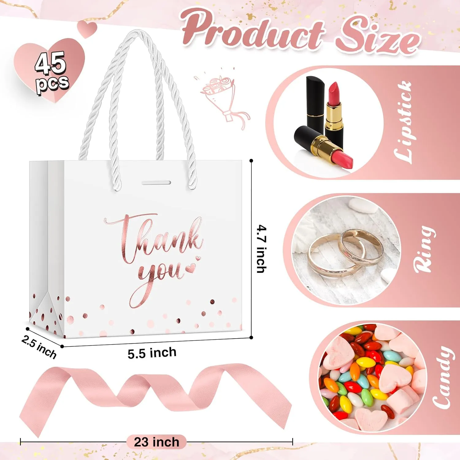 Jetec 45 Pcs Mini Paper Gift Bag Bulk 5.5 x 4.7 x 2.5'' Small Thank You Favor Bag with Handle Bow Ribbon for Valentine‘s Day Wedding Baby Bridal Shower Birthday Party(White/rose Gold)