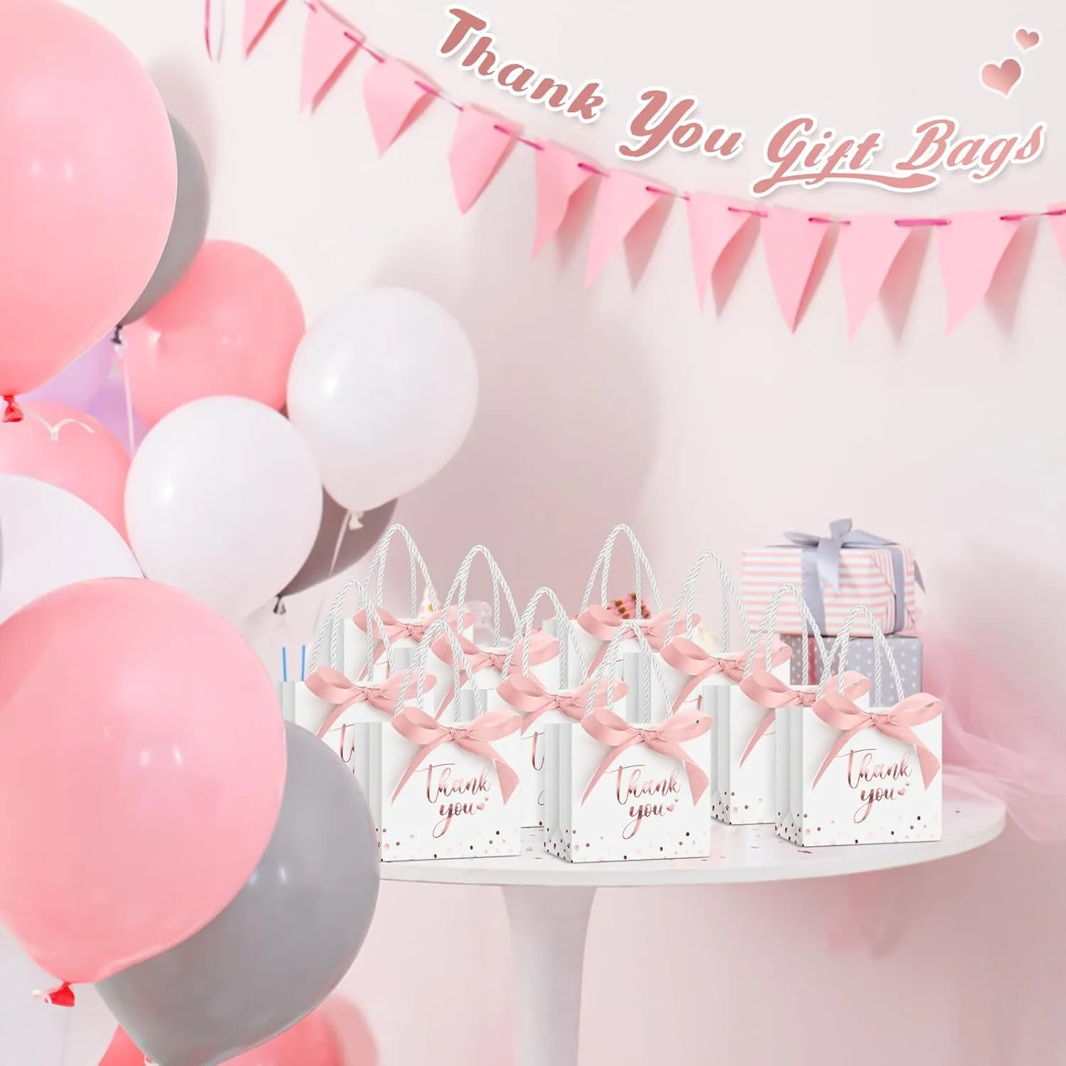 Jetec 45 Pcs Mini Paper Gift Bag Bulk 5.5 x 4.7 x 2.5'' Small Thank You Favor Bag with Handle Bow Ribbon for Valentine‘s Day Wedding Baby Bridal Shower Birthday Party(White/rose Gold)