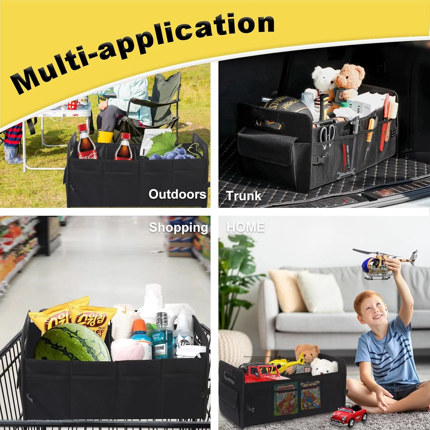 JiatuA Car Trunk Organizer, Car Organizers and Storage Collapsible Multi Compartment Container Box, Adjustable Car Accessories for SUV Sedan Truck, Standard Size, Black