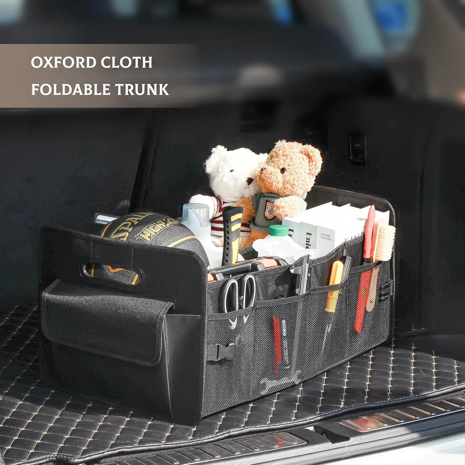 JiatuA Car Trunk Organizer, Car Organizers and Storage Collapsible Multi Compartment Container Box, Adjustable Car Accessories for SUV Sedan Truck, Standard Size, Black