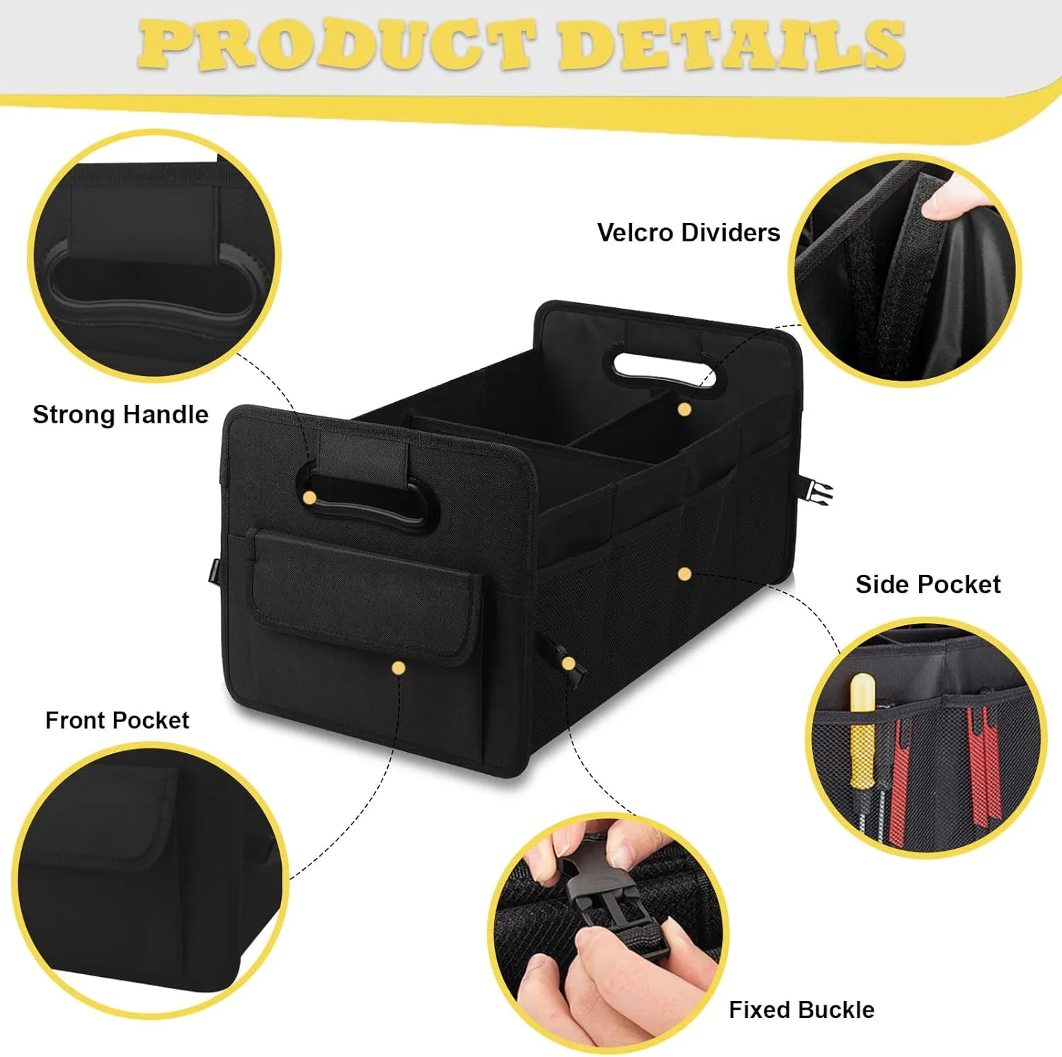 JiatuA Car Trunk Organizer, Car Organizers and Storage Collapsible Multi Compartment Container Box, Adjustable Car Accessories for SUV Sedan Truck, Standard Size, Black