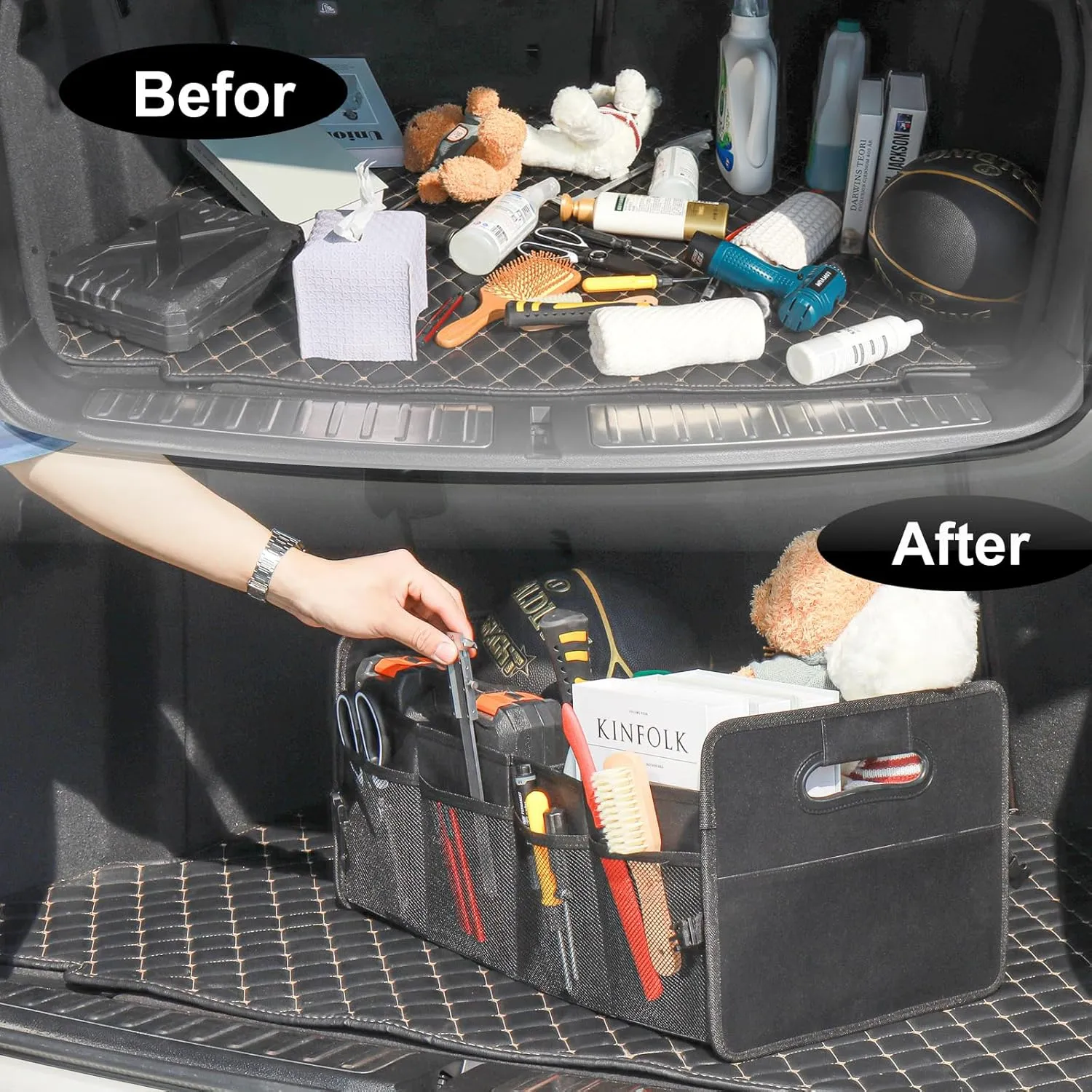 JiatuA Car Trunk Organizer, Car Organizers and Storage Collapsible Multi Compartment Container Box, Adjustable Car Accessories for SUV Sedan Truck, Standard Size, Black