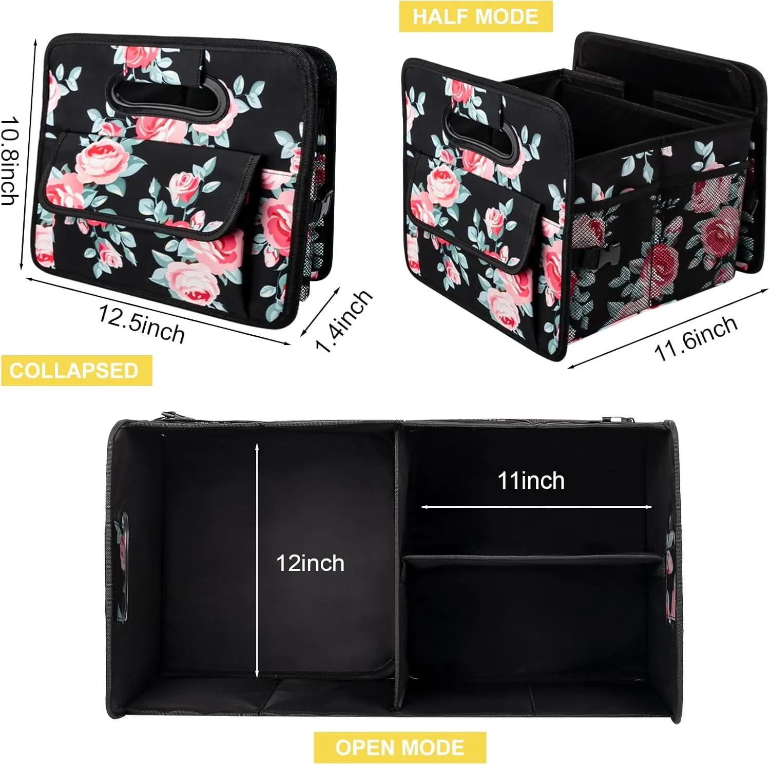 JiatuA Car Trunk Organizers and Storage Collapsible Multi Compartment Container Box, Adjustable Car Accessories for SUV Sedan Truck, Standard Size, Black Floral
