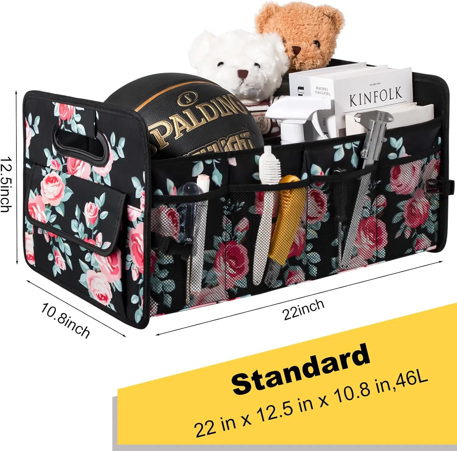 JiatuA Car Trunk Organizers and Storage Collapsible Multi Compartment Container Box, Adjustable Car Accessories for SUV Sedan Truck, Standard Size, Black Floral