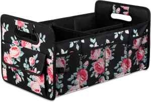 JiatuA Car Trunk Organizers and Storage Collapsible Multi Compartment Container Box, Adjustable Car Accessories for SUV Sedan Truck, Standard Size, Black Floral