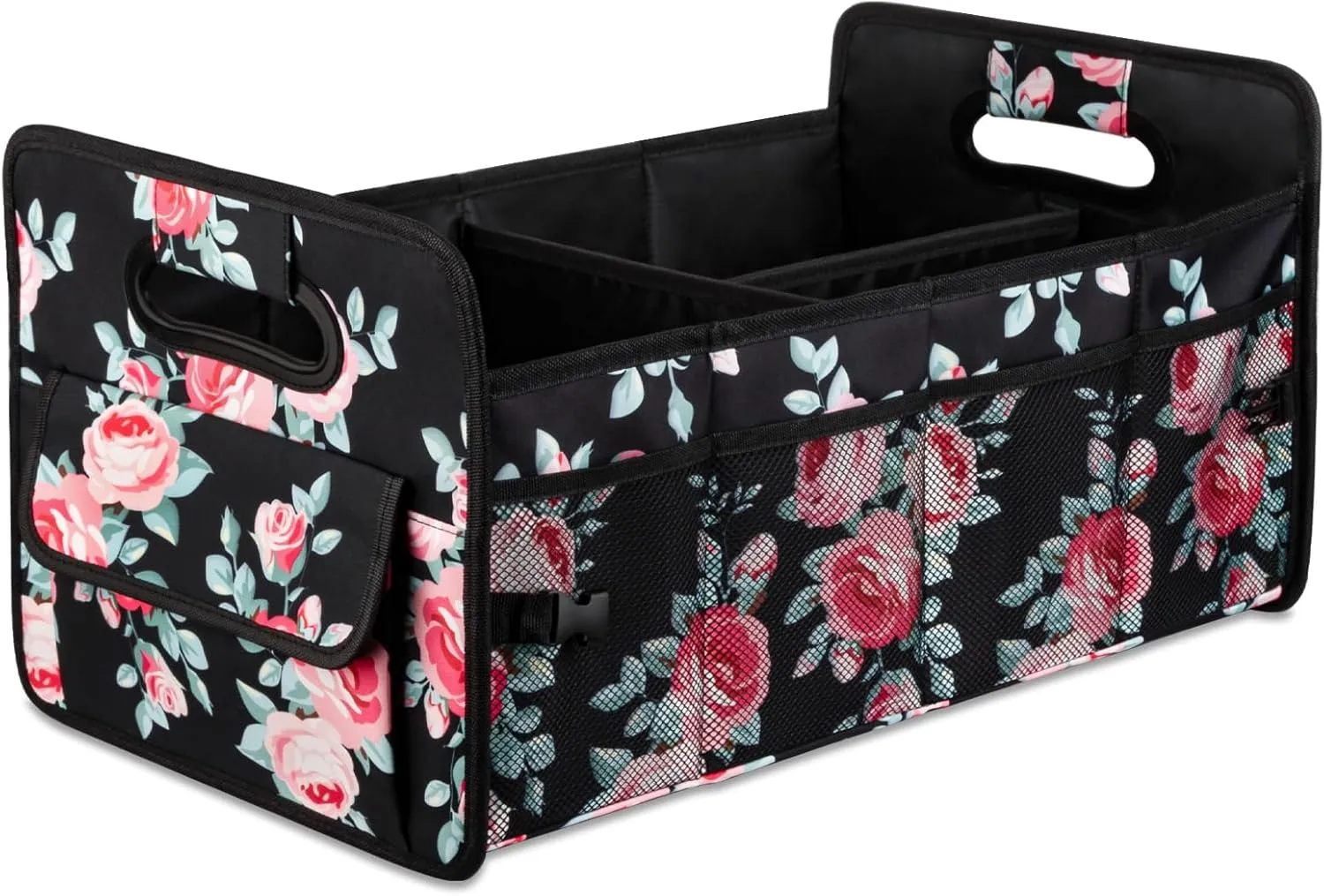 JiatuA Car Trunk Organizers and Storage Collapsible Multi Compartment Container Box, Adjustable Car Accessories for SUV Sedan Truck, Standard Size, Black Floral