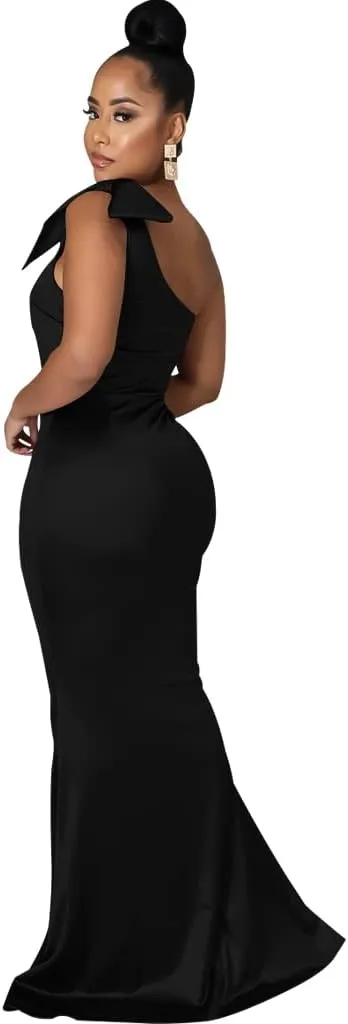 JTNFairy Women's Sexy Ruffle Sleeveless One Shoulder Bodycon Dresses Classy Pencil Curvy Party Evening Long Formal Dress