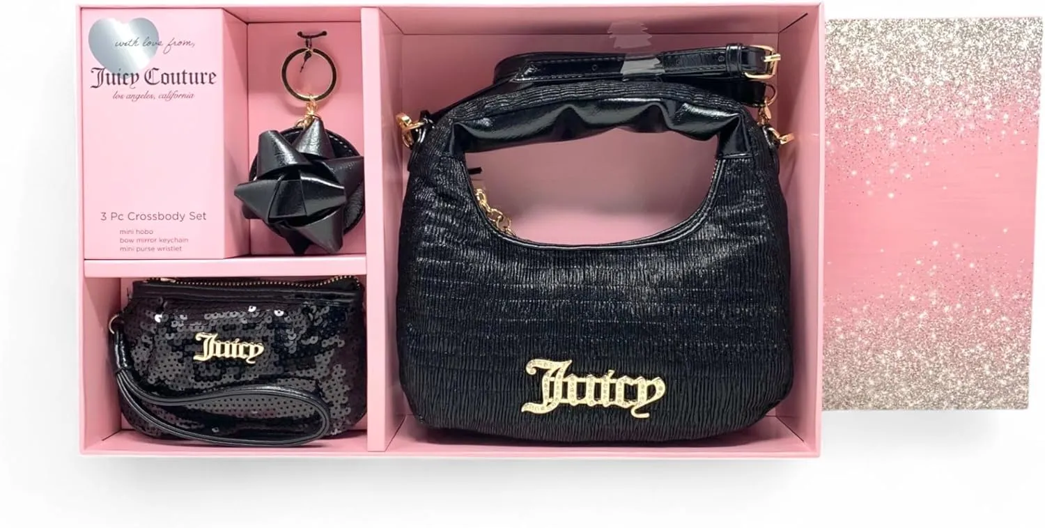 Juicy Couture Women’s 3 Piece Sequin Mini Hobo Bag with Wristlet and Keychain Gift Set