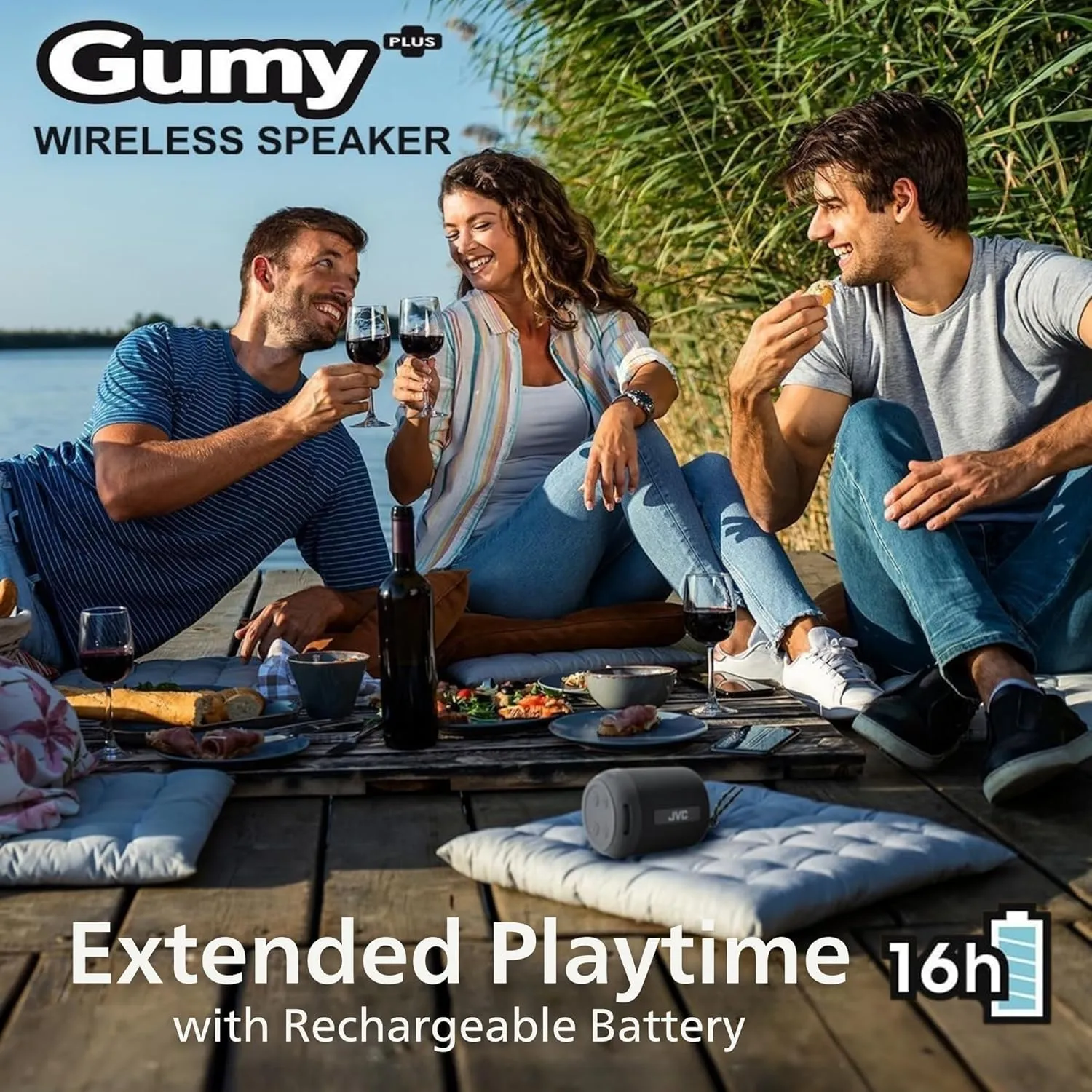 JVC Gumy Portable Bluetooth 5.3 Speaker – Indoor/Outdoor Wireless – Waterproof for Travel & Home – 16HR Playtime – USB-C, Aux Input, Compact & Easy to Carry, Mic for Calls, Voice Assist, Carry Strap