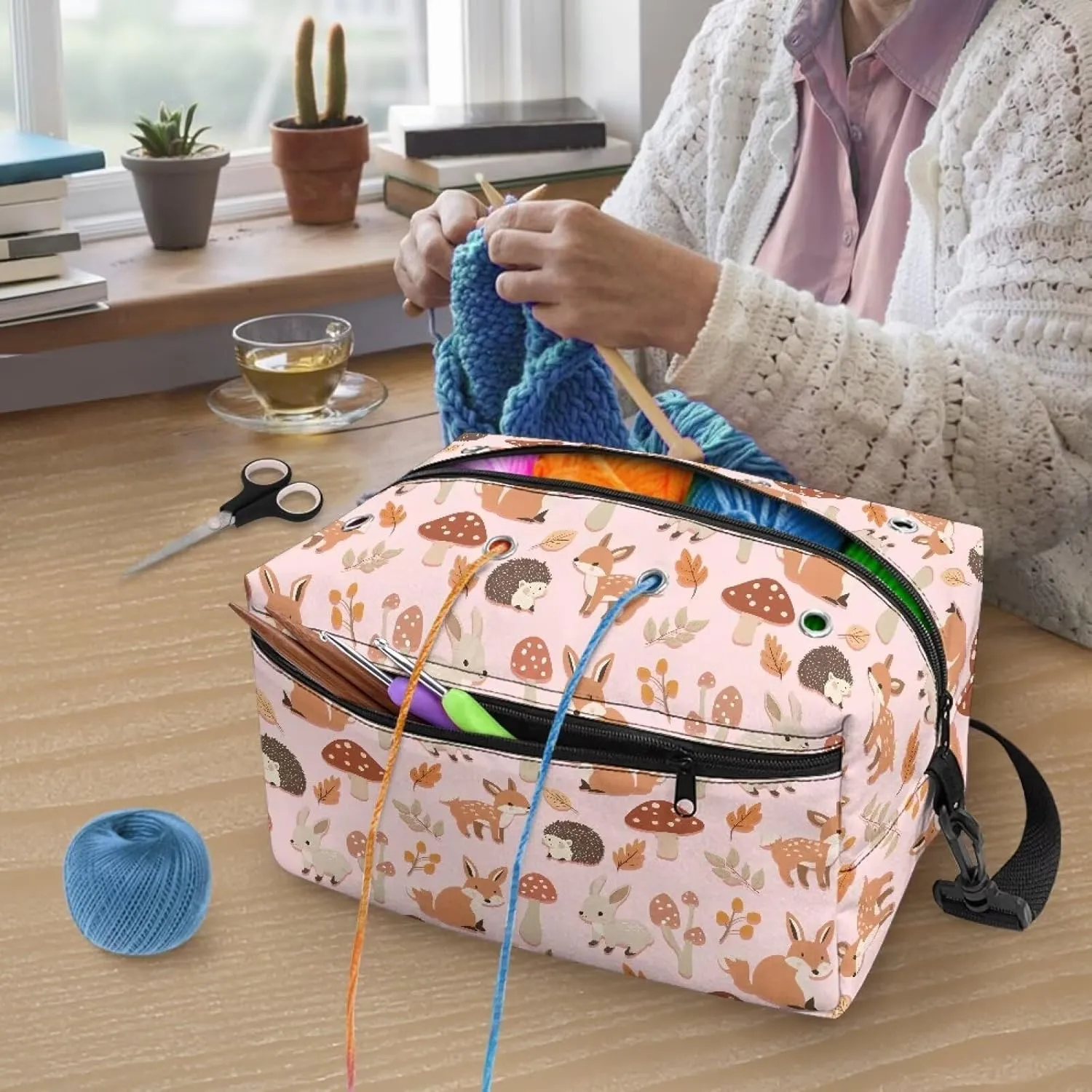 Kathyboom Crochet Bag for Yarn Storage, Hedgehog Bunny Deer Mushroom Water Resistant Crochet Bag Knitting Bag with Shoulder Straps for Mother Wife