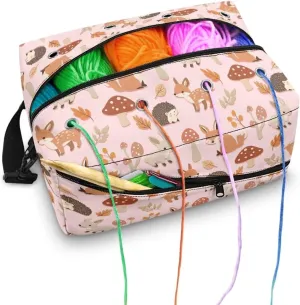 Kathyboom Crochet Bag for Yarn Storage, Hedgehog Bunny Deer Mushroom Water Resistant Crochet Bag Knitting Bag with Shoulder Straps for Mother Wife