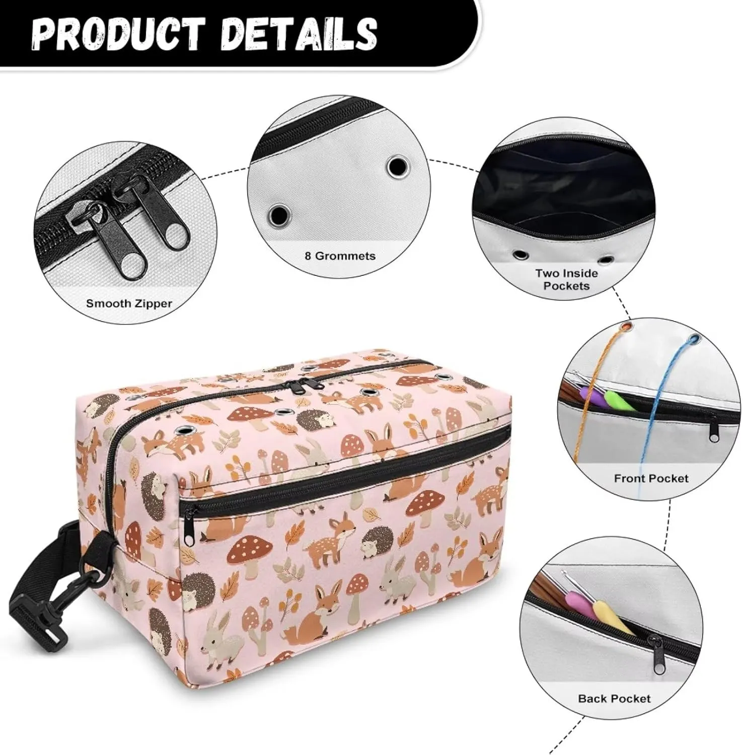 Kathyboom Crochet Bag for Yarn Storage, Hedgehog Bunny Deer Mushroom Water Resistant Crochet Bag Knitting Bag with Shoulder Straps for Mother Wife
