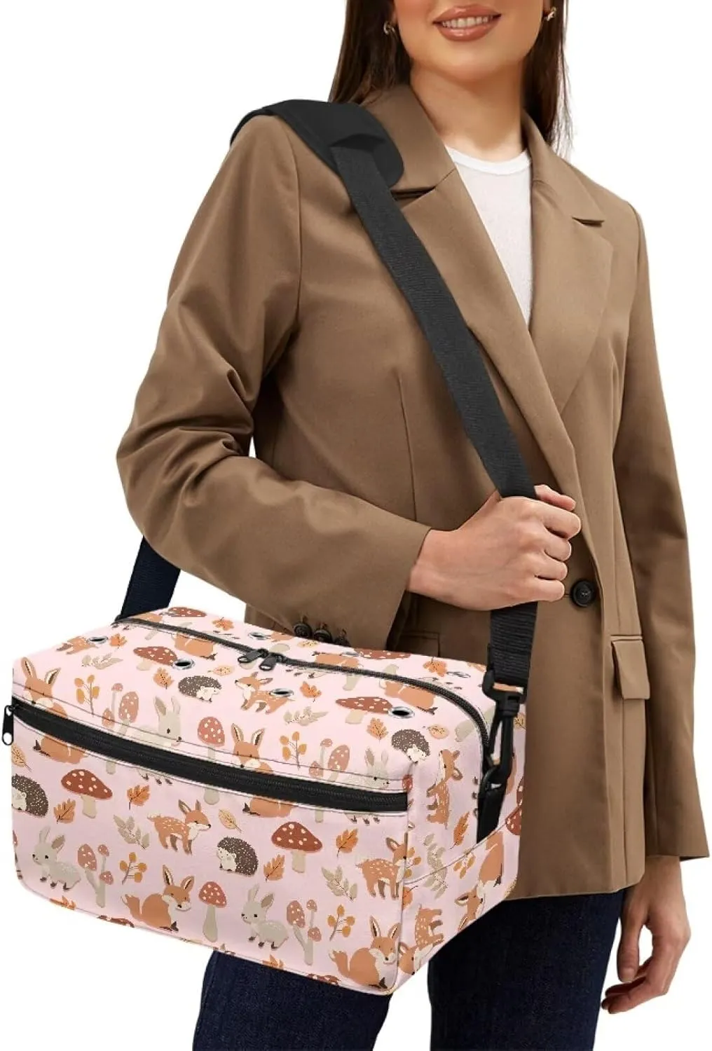 Kathyboom Crochet Bag for Yarn Storage, Hedgehog Bunny Deer Mushroom Water Resistant Crochet Bag Knitting Bag with Shoulder Straps for Mother Wife